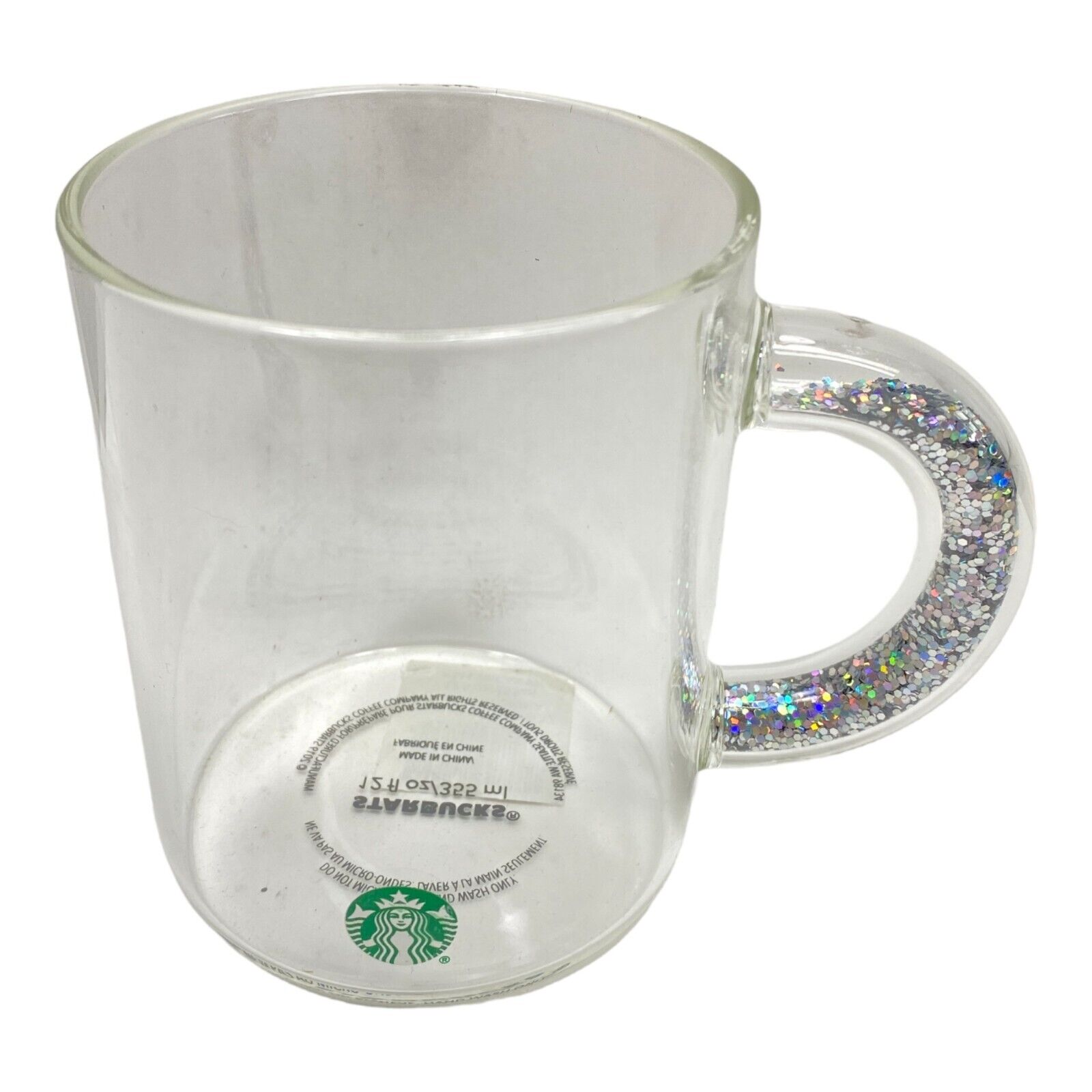 Starbucks 12 Oz Mug Clear Glass SILVER Glitter Handle Holiday Collection 2019 thumbnail