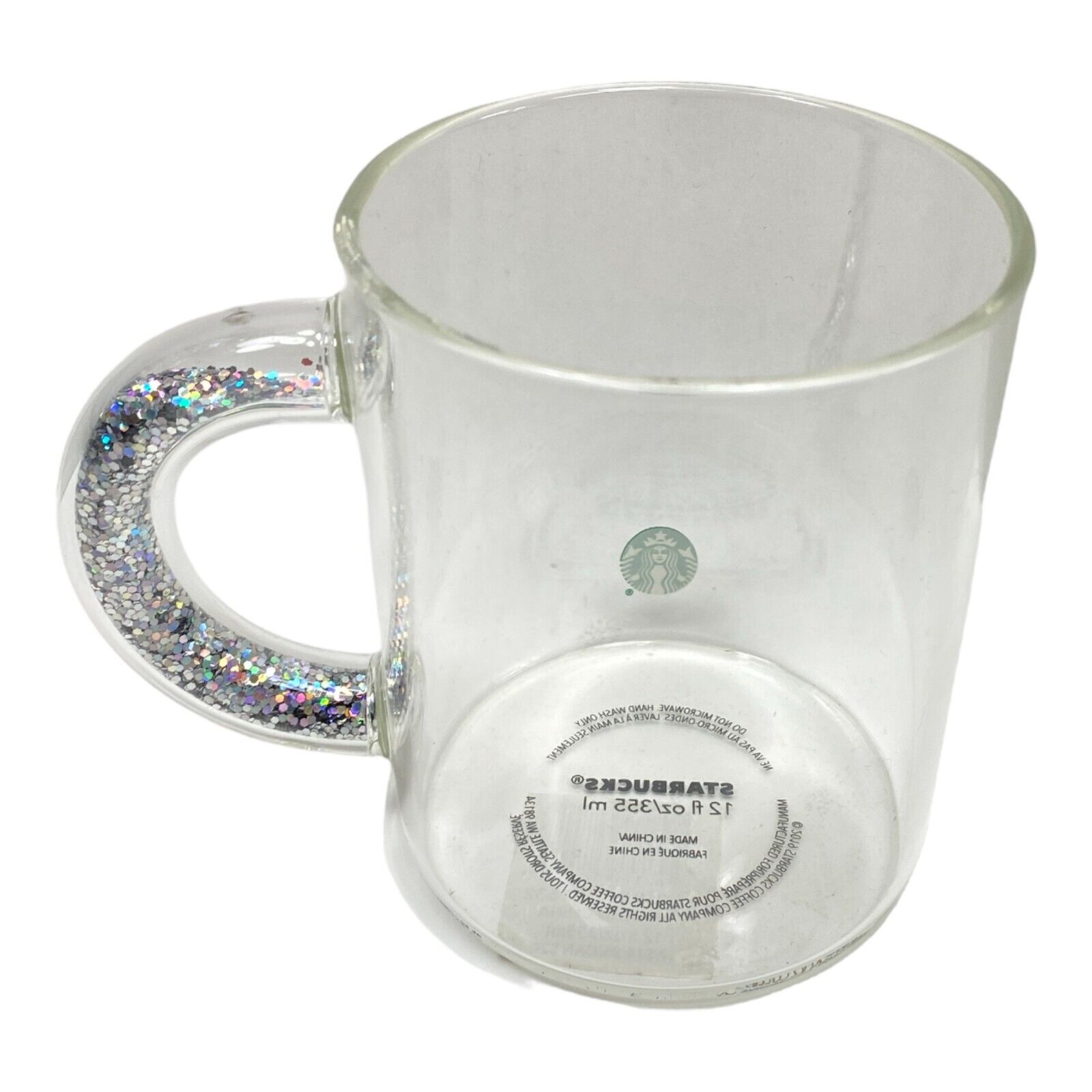 Starbucks 12 Oz Mug Clear Glass SILVER Glitter Handle Holiday Collection 2019 thumbnail