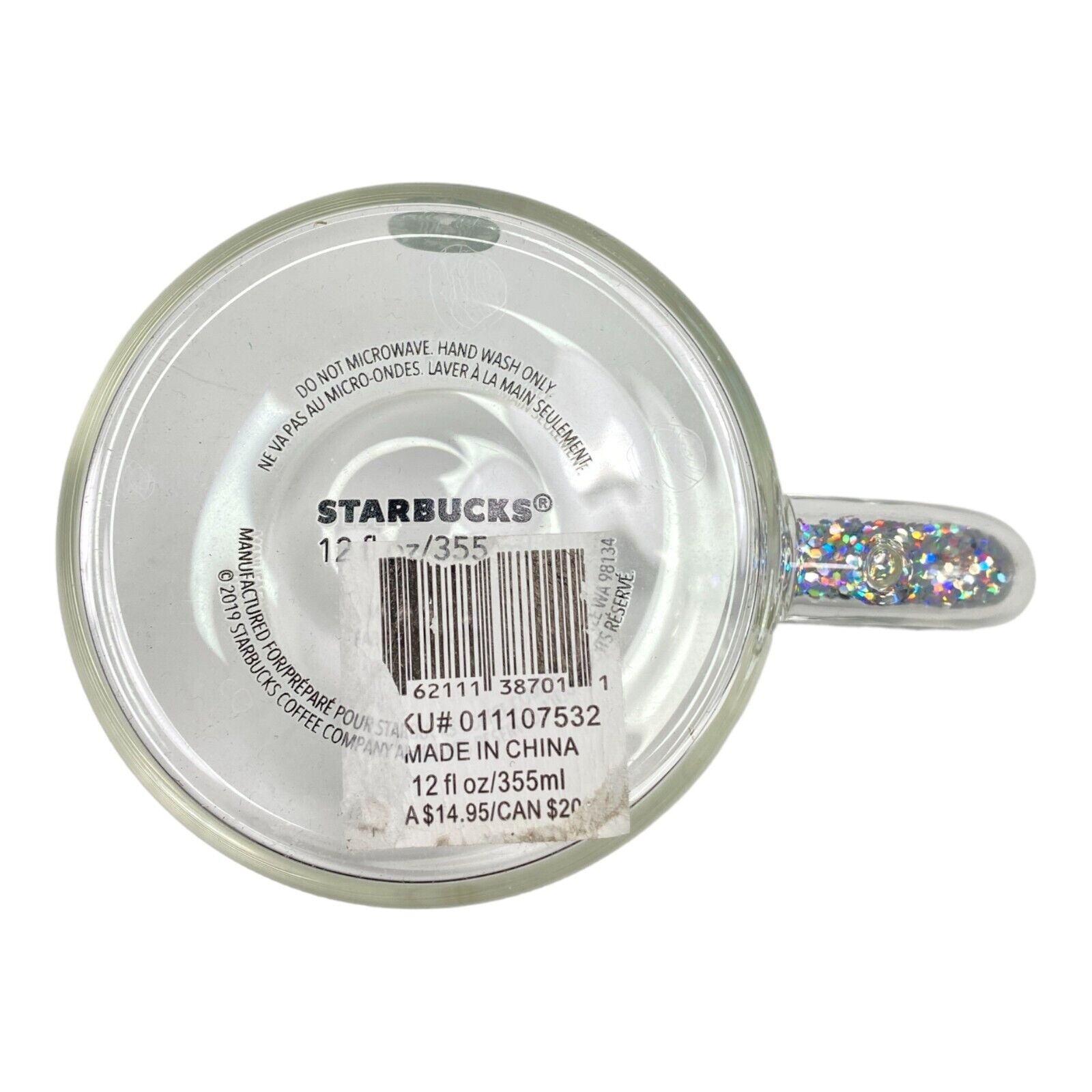 Starbucks 12 Oz Mug Clear Glass SILVER Glitter Handle Holiday Collection 2019 thumbnail