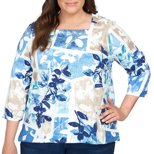 Alfred Dunner Plus Leaf Mosaic Print 3/4 Sleeve Top