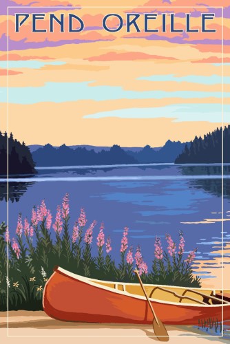 Pend Oreille, Idaho - Canoe & Lake - Lantern Press Artwork (12x18 Gallery Quality Metal Art)