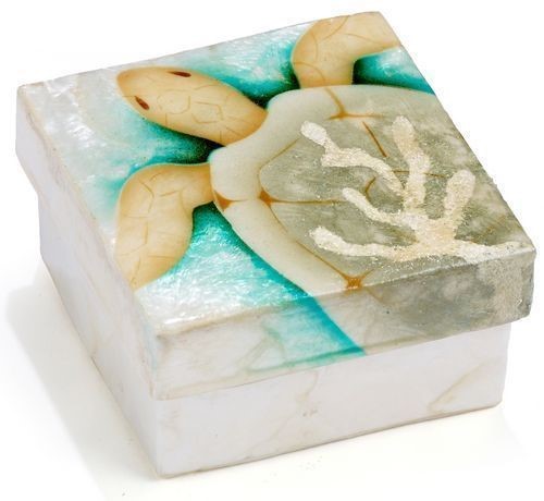 Kubla Crafts Capiz Shell Pastel Sea Turtle Trinket Jewelry Gift Change Box