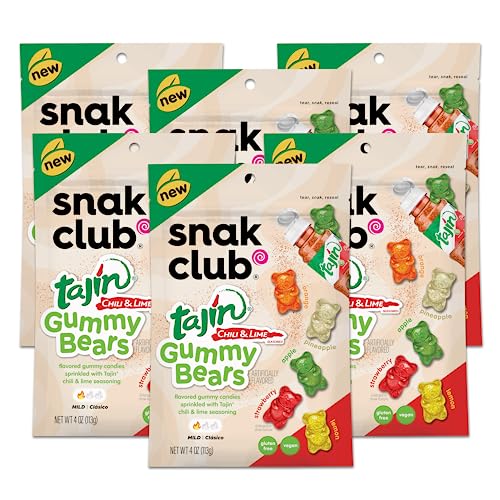 Snak Club Gummy Bears, Tajin Chili & Lime Sweet and Spicy Gummy Candy, Mild in Heat Bold in Flavor, Low-Fat, Vegan, Gluten-Free Snack, 4oz Resealable