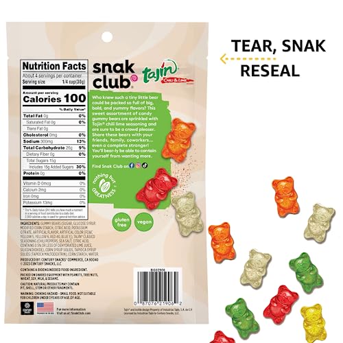 Snak Club Gummy Bears, Tajin Chili & Lime Sweet and Spicy Gummy Candy, Mild in Heat Bold in Flavor, Low-Fat, Vegan, Gluten-Free Snack, 4oz Resealable thumbnail