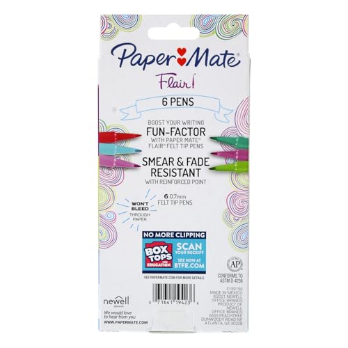 Paper Mate Flair Felt Tip Pens  Medium Point  0.7mm  Assorted Colors  6-Count thumbnail