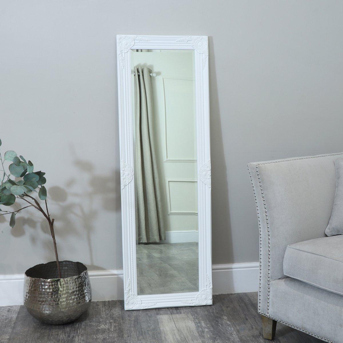 Tall / Long White Ornate Wall / Leaner Mirror 47cm X 142cm
