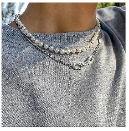 Hip Hop Retro Imitation Pearl Men's Necklace, White K Set 2564 Silver