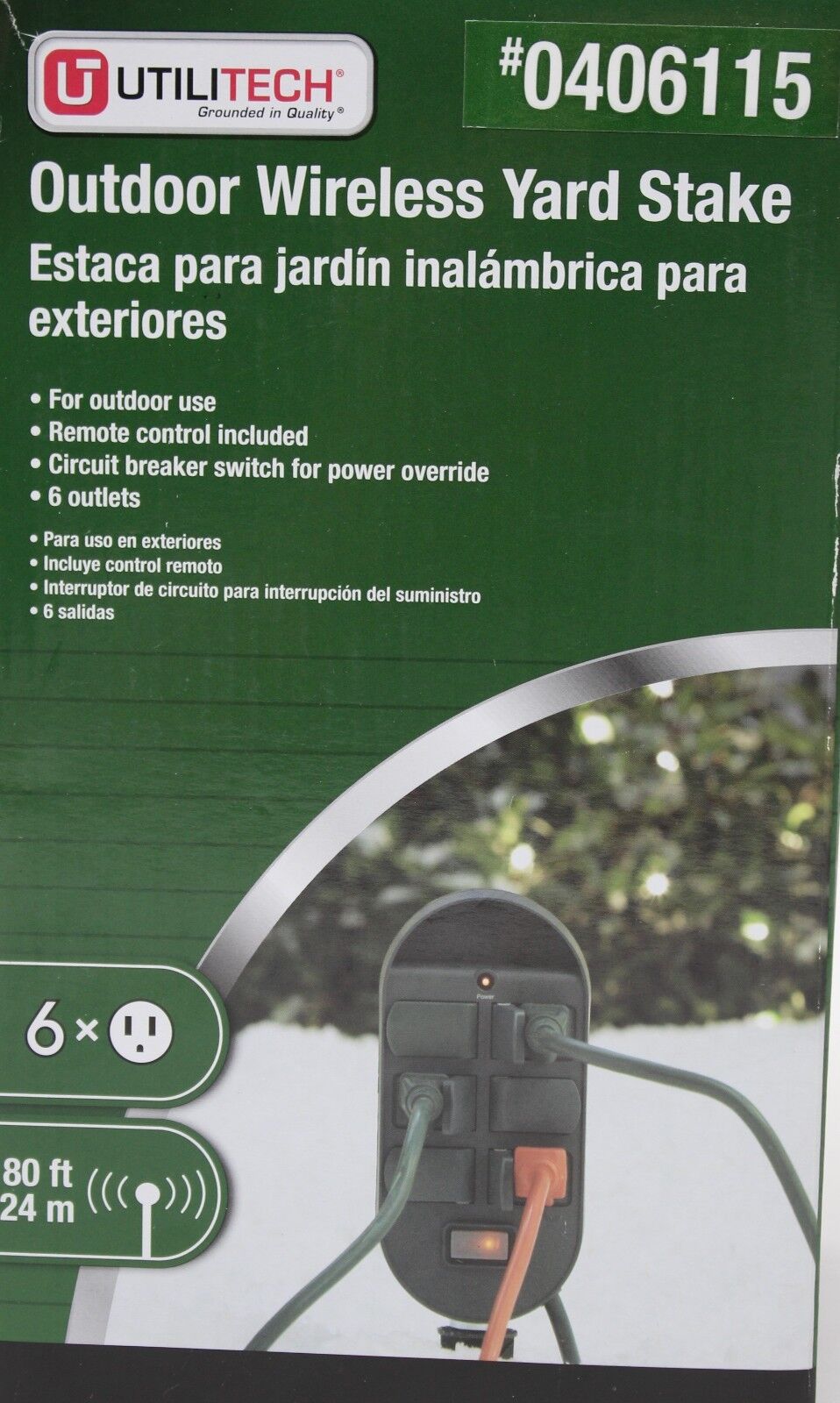 Utilitech Outdoor Wireless Lawn Stake 6 Outlets 6 Ft 14 Gauge Grounded Cord NIB