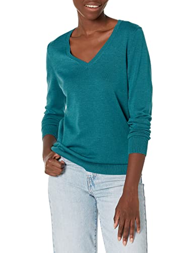 Amazon Essentials Women's Classic-Fit Lightweight Long-Sleeve V-Neck Sweater (Available in Plus Size), Teal Blue Heather, Small