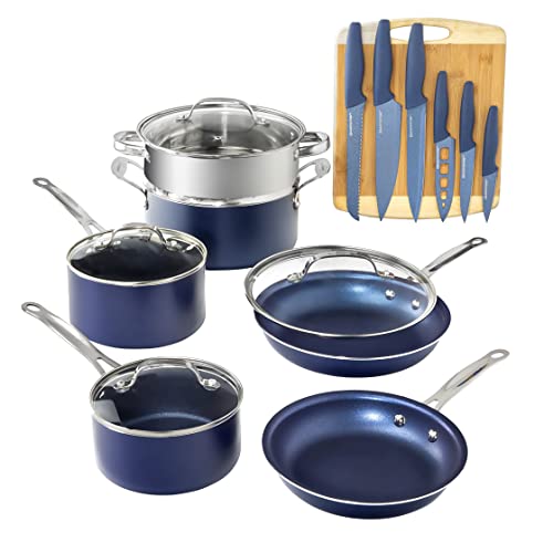 Granitestone 17 Piece Complete Nonstick Cookware Set - Includes 10 Piece Pots and Pans Set + 6 Piece Knife Set and 1 Cutting Board, 100% PFOA Free, St