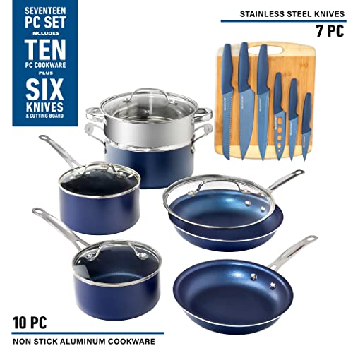 Granitestone 17 Piece Complete Nonstick Cookware Set - Includes 10 Piece Pots and Pans Set + 6 Piece Knife Set and 1 Cutting Board, 100% PFOA Free, St thumbnail