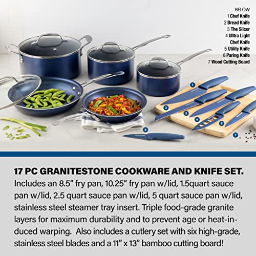 Granitestone 17 Piece Complete Nonstick Cookware Set - Includes 10 Piece Pots and Pans Set + 6 Piece Knife Set and 1 Cutting Board, 100% PFOA Free, St thumbnail