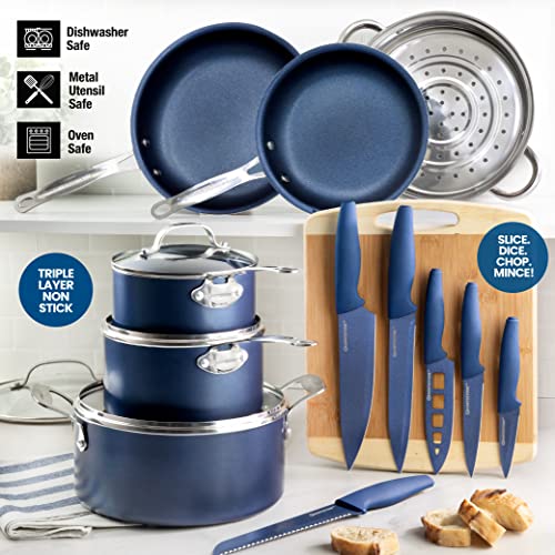 Granitestone 17 Piece Complete Nonstick Cookware Set - Includes 10 Piece Pots and Pans Set + 6 Piece Knife Set and 1 Cutting Board, 100% PFOA Free, St thumbnail