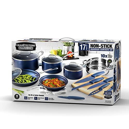 Granitestone 17 Piece Complete Nonstick Cookware Set - Includes 10 Piece Pots and Pans Set + 6 Piece Knife Set and 1 Cutting Board, 100% PFOA Free, St thumbnail