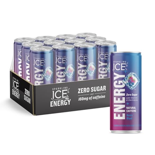Sparkling Ice +ENERGY Berry Blast Sparkling Water. Energy Drinks with Vitamins & Electrolytes, Zero Sugar, 12 Fl Oz Cans (Pack of 12)