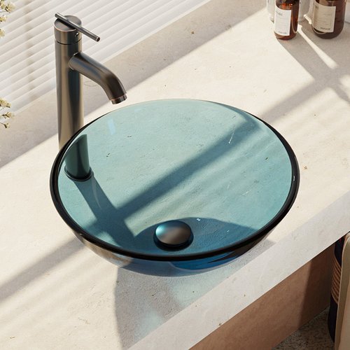Celeste Colored Glass Vessel Sink with Faucet, Sink Ring, and Pop-up Drain
