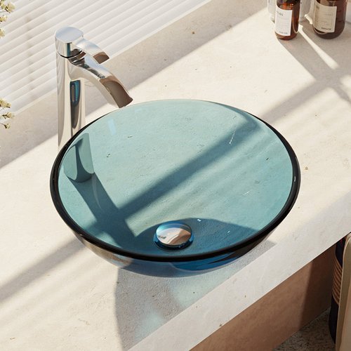 Celeste Colored Glass Vessel Sink with Faucet, Sink Ring, and Pop-up Drain