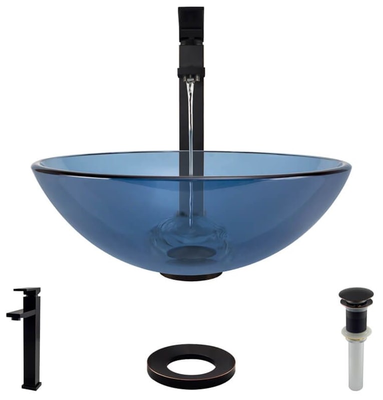 Celeste Colored Glass Vessel Sink with Faucet, Sink Ring, and Pop-up Drain