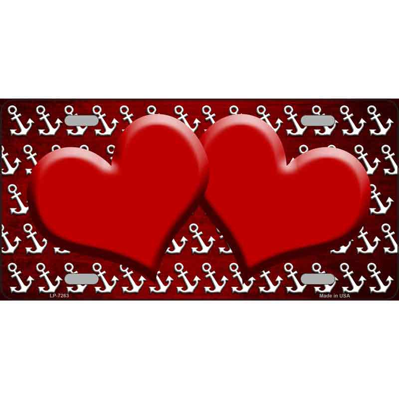 MP-7263 7 X 4 in. Motorcycle Red & White Anchor Hearts Oil Rubbed Metal Novelty License Plate