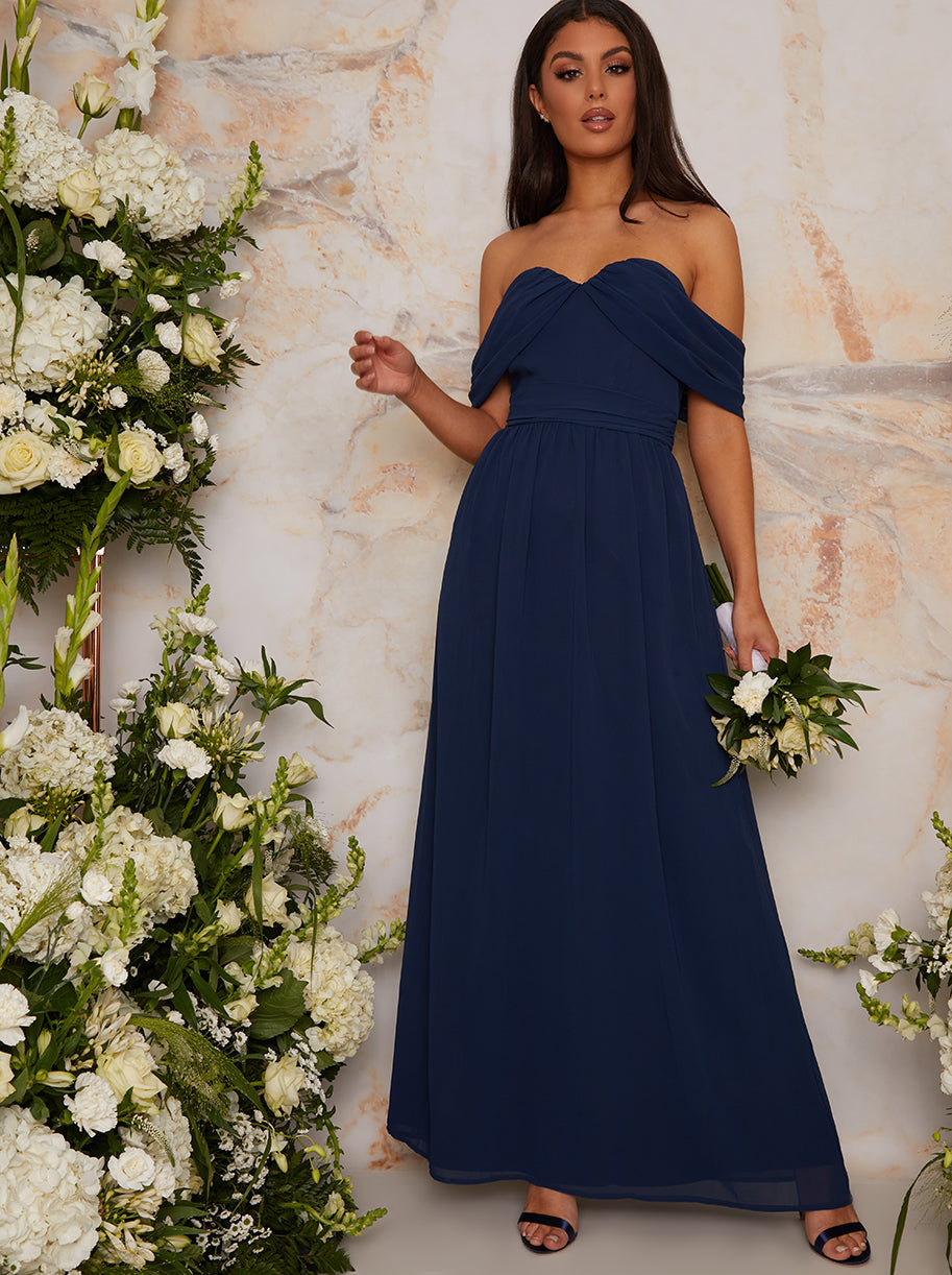 Chi Chi Bardot Draped Chiffon Maxi Dress in Blue in Navy, Size 16