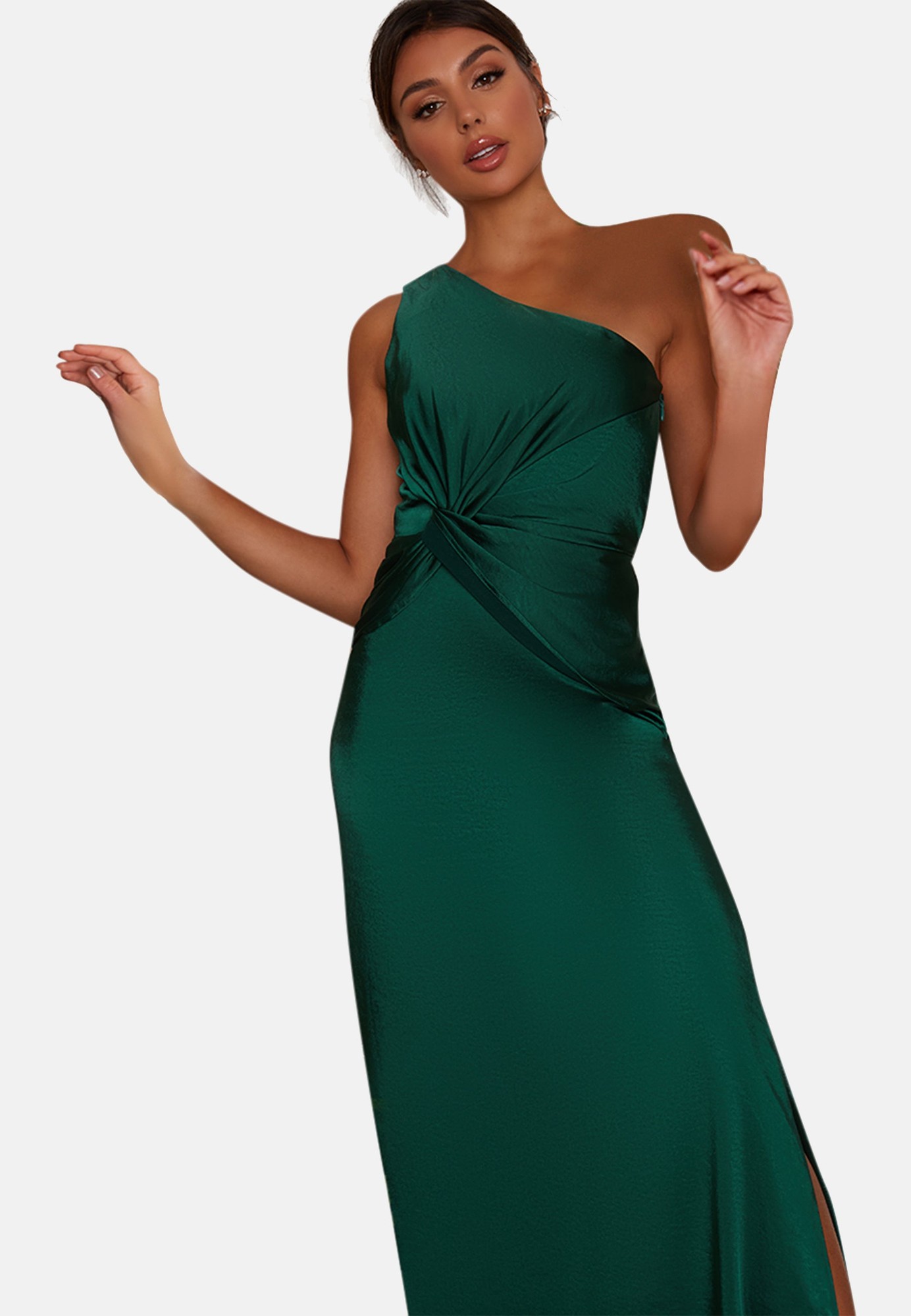 Chi Chi One Shoulder Satin Finish Maxi Dress in Green, Size 16 thumbnail