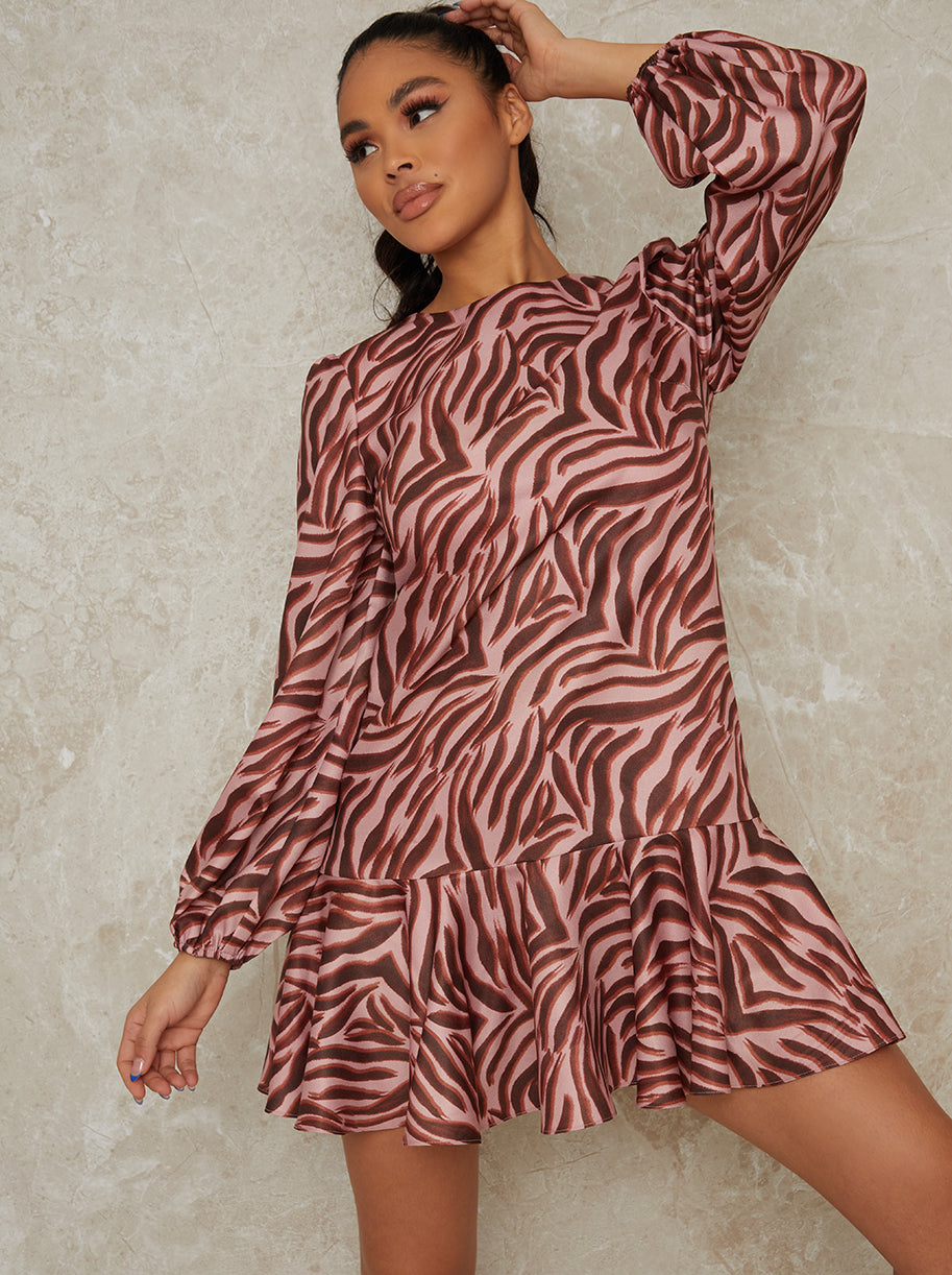 Chi Chi Animal Print Long Sleeve Mini Dress in Pink, Size 16