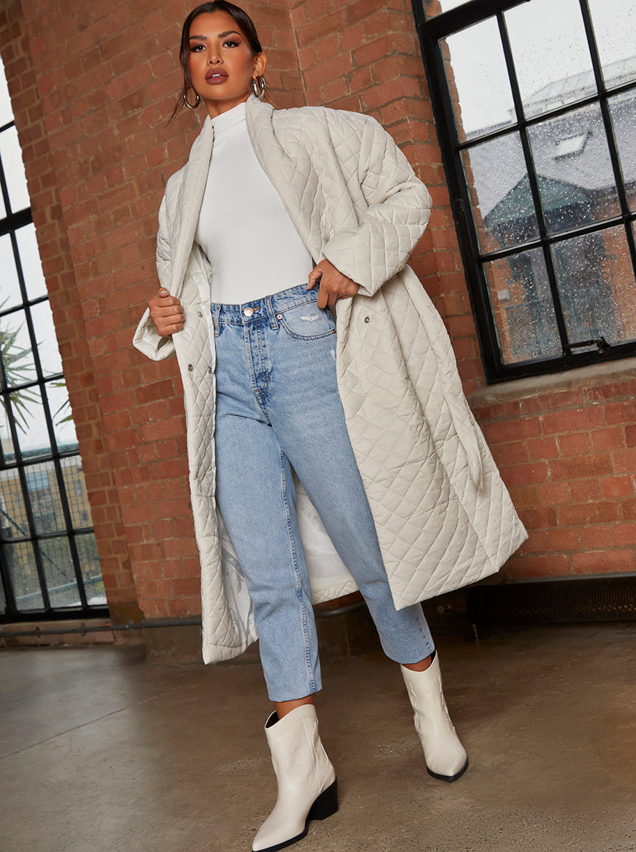 Chi Chi Diamond Quilted Longline Belted Coat in Cream, Size 16