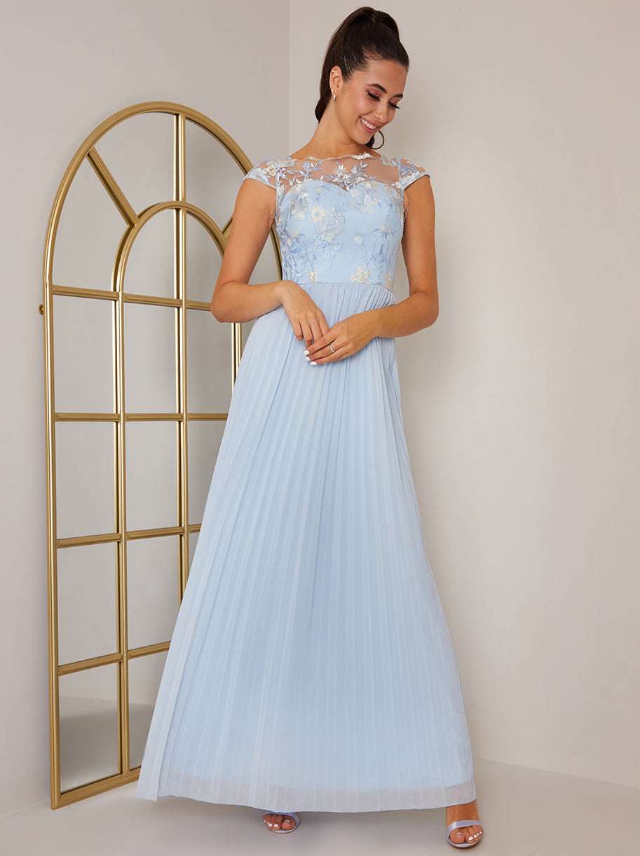Chi Chi Cap Sleeved Embroidered Bodice Maxi Dress in Blue, Size 16