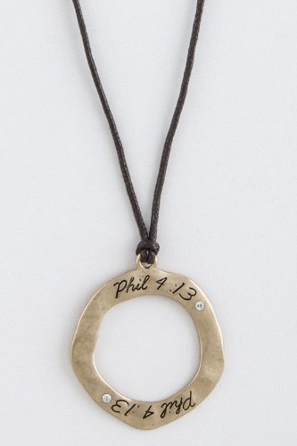 Long Cord Inspirational Necklace W/Philippians 4:13 Bible Verse Gold Tone Ring