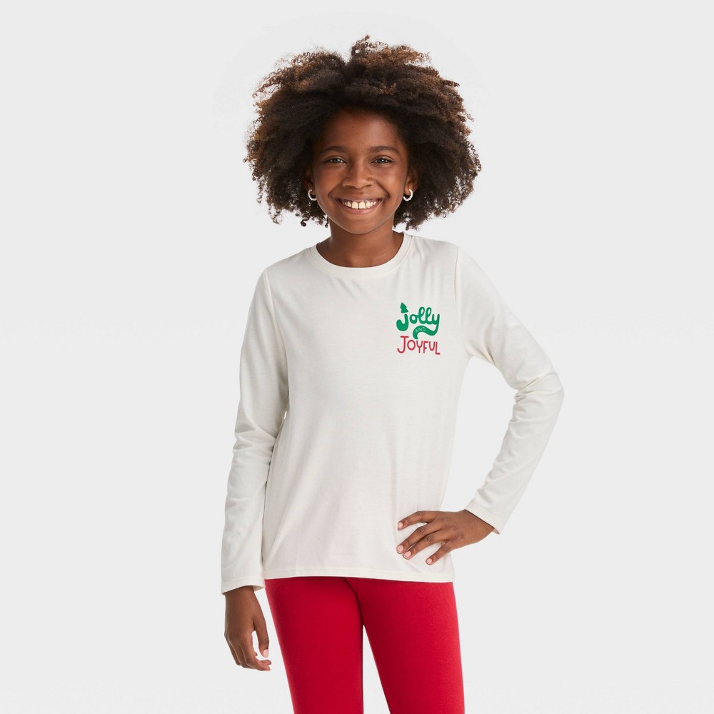 SIZE 6-7. Girls' Long Sleeve 'Jolly and Joyful' Graphic T-Shirt - Cat & Jack™ Off-White S