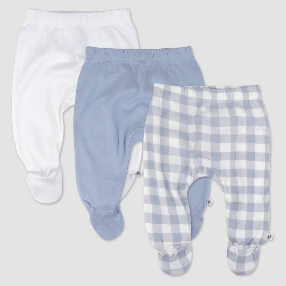 HonestBaby Baby 3-Pack Organic Cotton Footed Harem Pants  Blue Painted Buffalo Check  3-6 Months