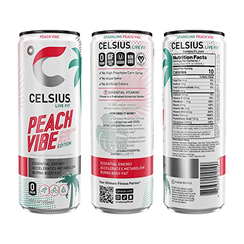 CELSIUS Sparkling Peach Vibe, Functional Essential Energy Drink, 12 Fl Oz (Pack of 24) Visit the CELSIUS Store thumbnail