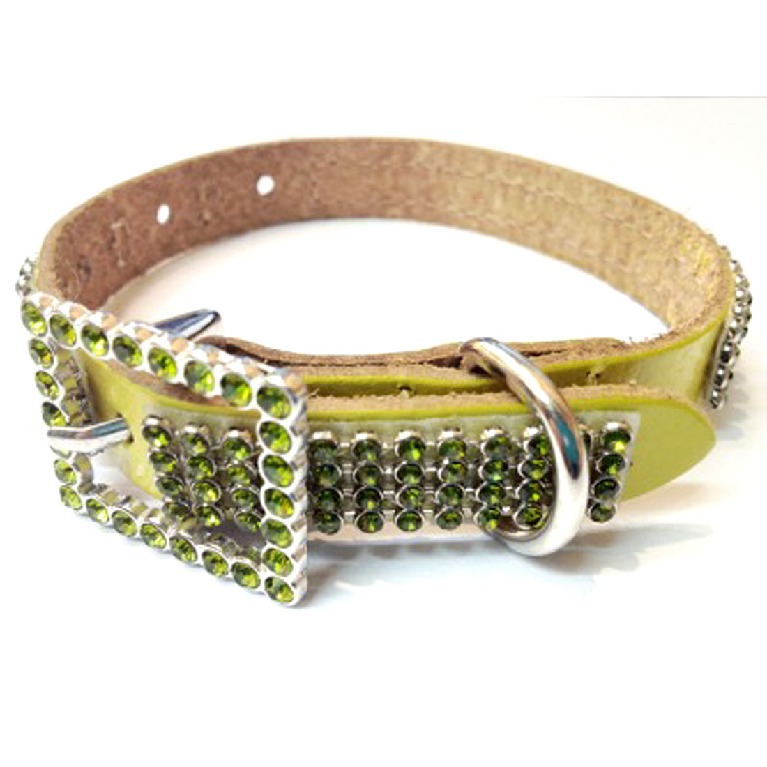 Olive Green Leather Dog Collar with 4 Rows of High Quality Green Rhinestones and Rhinestone Buckle  Size XS