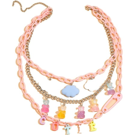 Colorful Resin Gummy Cartoon Bear Pendant Necklace – Punk Link Chain Jewelry for Women | Multilayer  Transparent Acrylic  and Unique Design