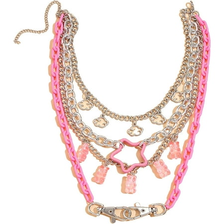 Multilayer Resin Gummy Cartoon Bear Pendant Necklace - Colorful Acrylic Link Chain - Punk Style Jewelry for Women