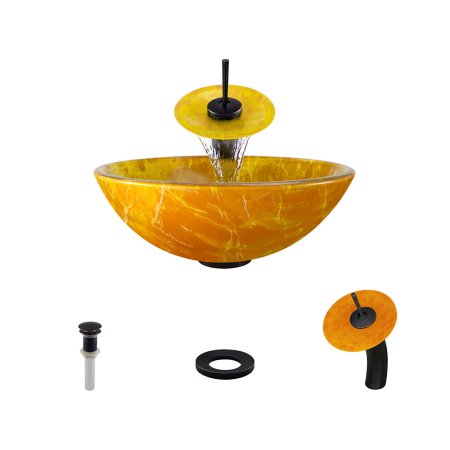 605 Double Layer Glass Vessel Sink, with Antique Bronze Vessel Faucet, Sink Ring, and Vessel Pop-up Drain