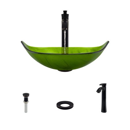 609 Colored Glass Vessel Sink, with Antique Bronze Vessel Faucet, Sink Ring, and Vessel Pop-up Drain