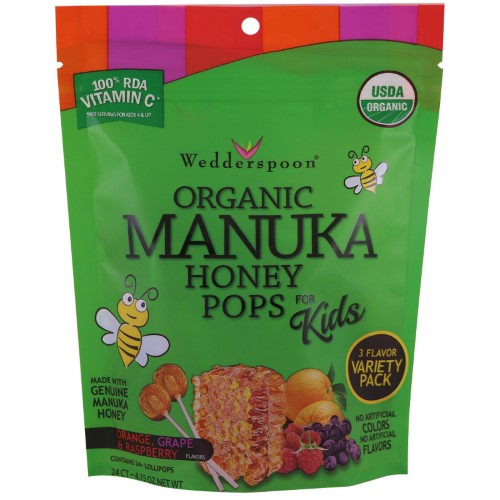 Wedderspoon, Organic Manuka Honey Pops for Kids, Orange, Grape & Raspberry, 24 Count, 4.15 Oz(pack of 2)