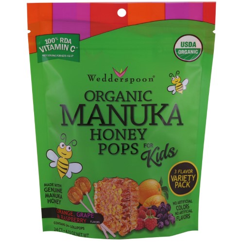 Wedderspoon, Organic Manuka Honey Pops for Kids, Orange, Grape & Raspberry, 24 Count, 4.15 Oz(pack of 12)