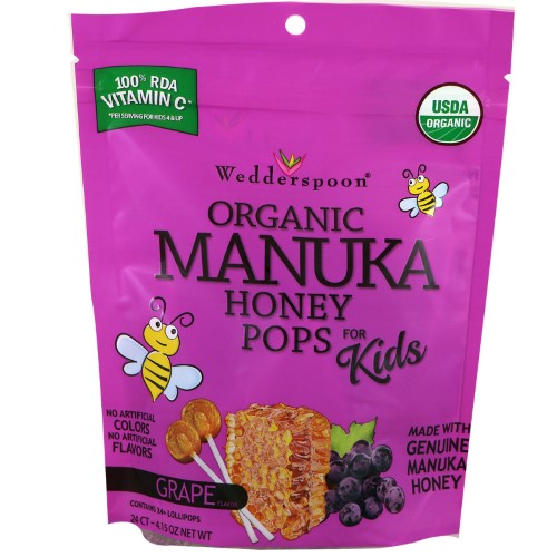 Wedderspoon, Organic Manuka Honey Pops for Kids, Grape, 24 Count, 4.15 Oz(pack of 4)