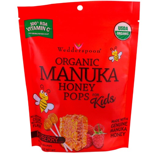 Wedderspoon, Organic Manuka Honey Pops for Kids, Raspberry, 24 Count, 4.15 Oz