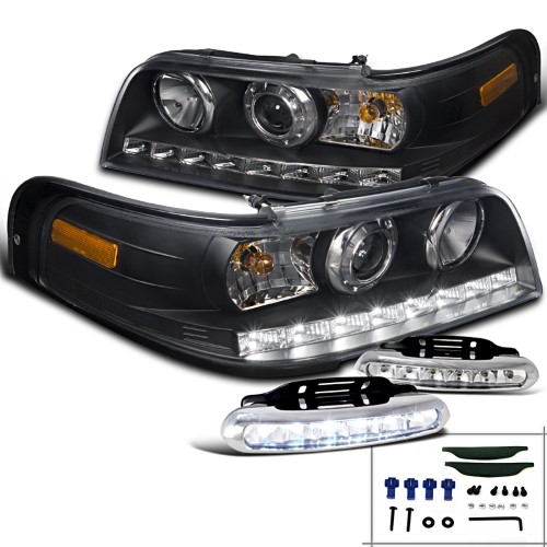 Spec-D Tuning 1998-2011 Ford Crown Victoria Black Projector Headlights + LED Fog Lamps (Left + Right) 98 99 00 01 02 03 04 05 06 07 08 09 10 11