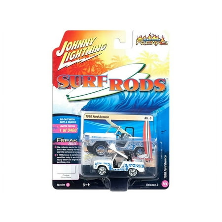 1966 Ford Bronco with Surf Board White and Blue Designs  Street Freaks  Limited Edition to 3460 Pieces Worldwide 1/64 Diecast Model Car by Johnny Ligh
