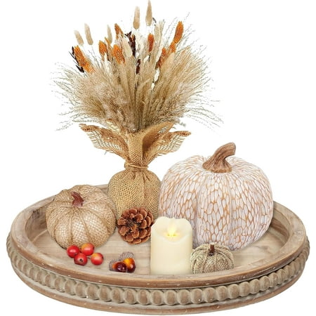 sofe 16  natural hand crafted beaded wooden tray  farmhouse large round tray  serving tray decorative and rustic candle holder tray  coffee table tray