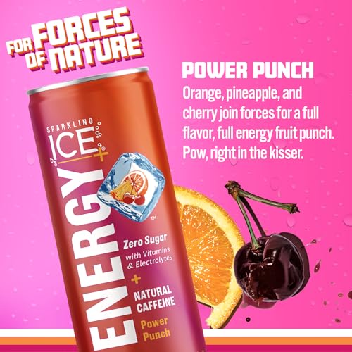 Sparkling Ice +ENERGY Power Punch Sparkling Water. Energy Drinks with Vitamins & Electrolytes, Zero Sugar, 12 Fl Oz Cans (Pack of 12) thumbnail