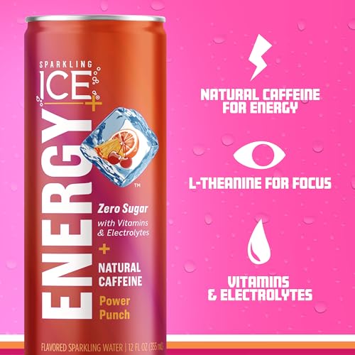 Sparkling Ice +ENERGY Power Punch Sparkling Water. Energy Drinks with Vitamins & Electrolytes, Zero Sugar, 12 Fl Oz Cans (Pack of 12) thumbnail
