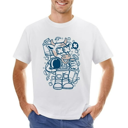 Cow Astronaut Men’s Graphic T-shirt Vintage Short Sleeve Sport Tee White L