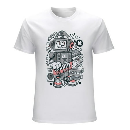 Robot Machine Men’s Graphic T-shirt Vintage Short Sleeve Sport Tee White L