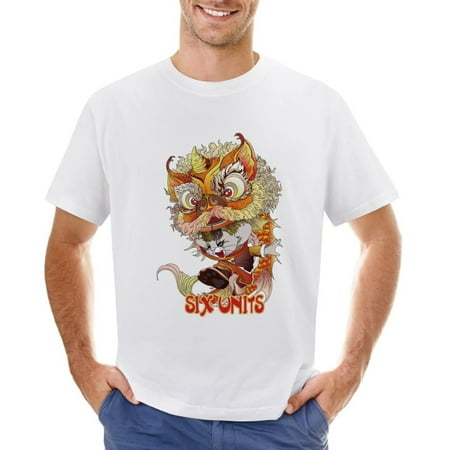 Six Units Men’s Graphic T-shirt Vintage Short Sleeve Sport Tee White L
