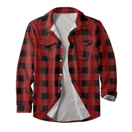 GWAABD Tops for Men Long Sleeve Male Autumn and Winter Warm Fashion Casual Plaid Square Lapel Pocket No Hood Buckle Quilted Jacket Top Shirt Coat